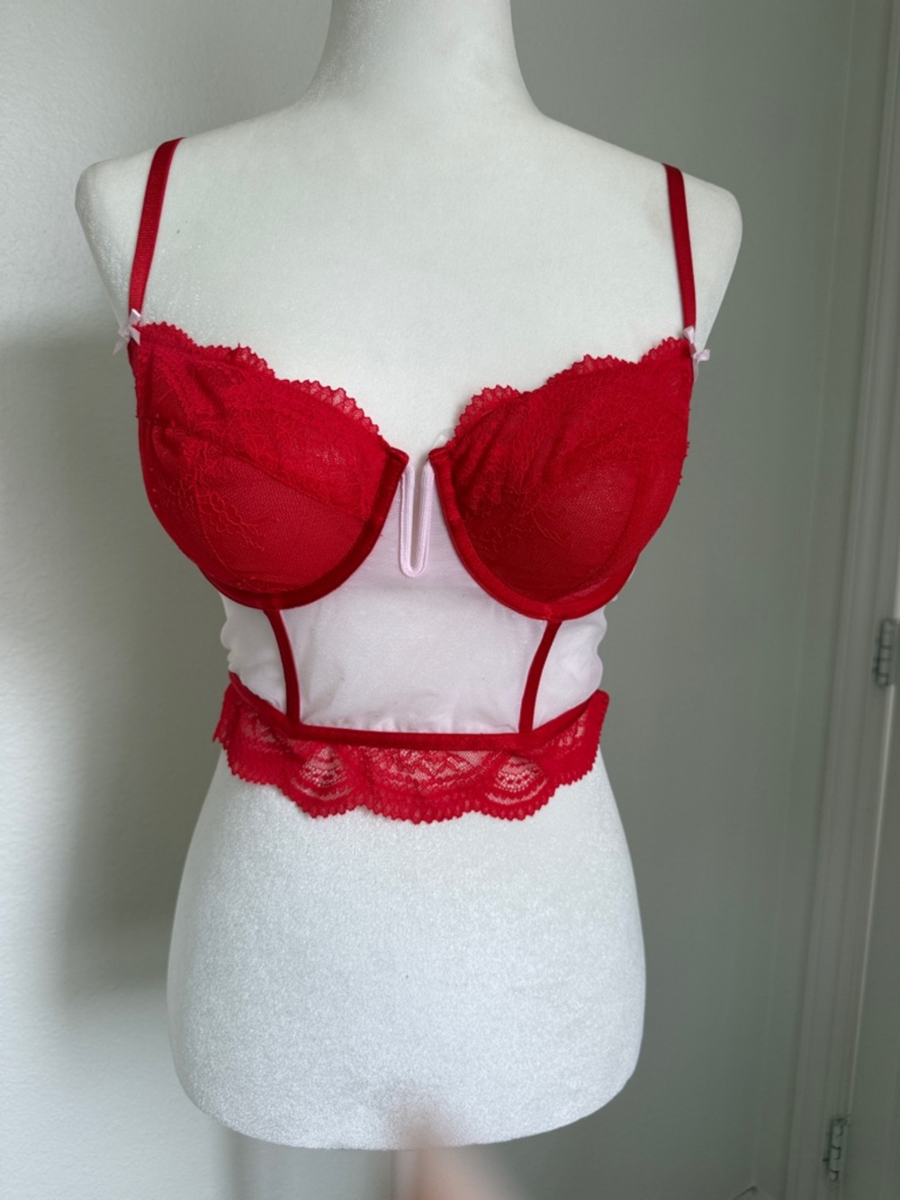 Auden Red Lace Longline Bralette with Pink Mesh Panels